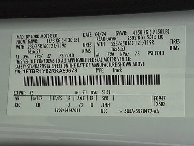 2024 Ford Transit Cargo Van T-250 130" Low Rf 9070 GVWR RWD