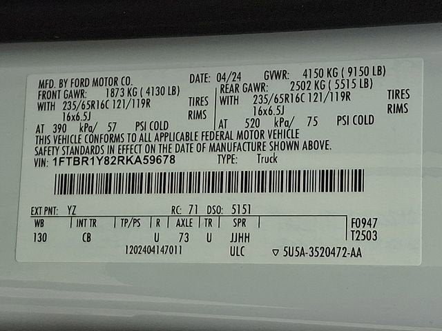 2024 Ford Transit Cargo Van T-250 130" Low Rf 9070 GVWR RWD