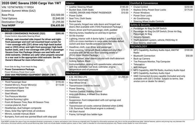2020 GMC Savana Cargo 2500 RWD 2500 Regular Wheelbase Work Van